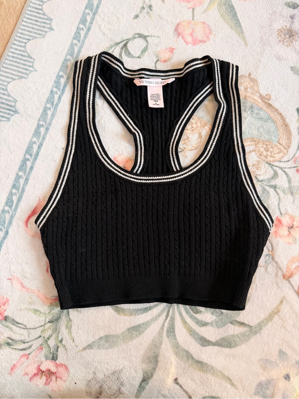 Victoria's Secret Black Ribbed Racerback Crop Bralette with White Trim